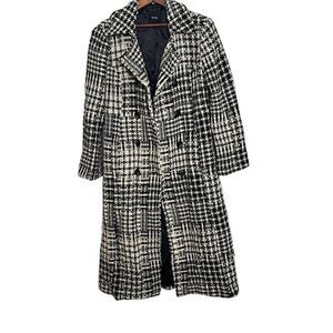 MNG Mango Check Tweed Wool Blend Double Breasted Coat Black & Off White Small